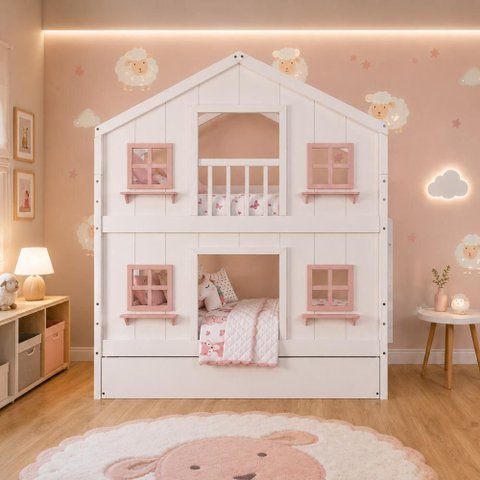 Treliche Infantil Casinha Dos Sonhos com Fechamento Inferior em Madeira Maciça Branco/Rosa