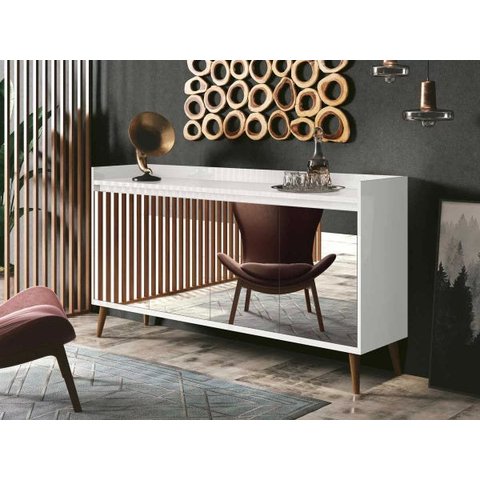 Buffet Aparador Retrô com Espelho Clássico Branco Gloss