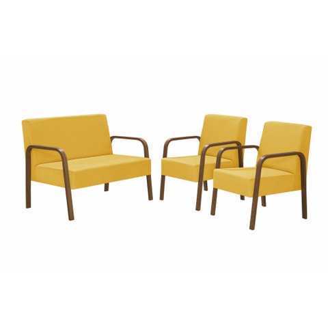 Conjunto Luna 2 Poltronas de 1 Lugar e 1 Poltrona de 2 Lugares Braço Madeira Dsalla Suede Amarelo