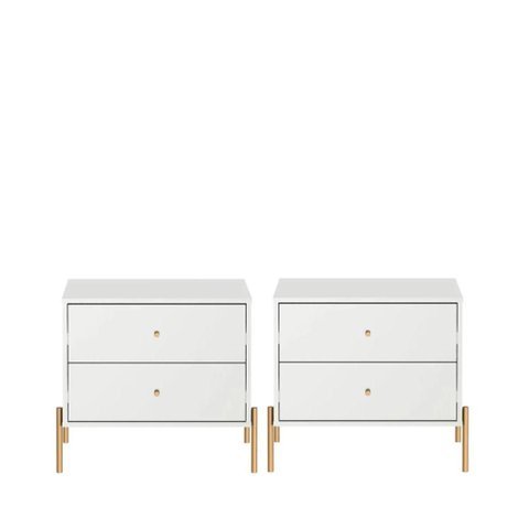 Conjunto 2 Mesas de Cabeceira com 2 Gavetas Jasper 64 cm - Branco c/ Dourado