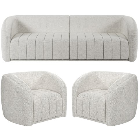 Kit Sofá 4 Lugares para Sala 252cm com 02 Poltronas Lazio M03 Bouclê Branco - Lyam Decor