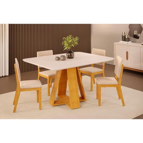Conjunto: Mesa Sala Jantar Celeste c/ Tampo Madeirado c/ Vidro Curvo 120x90cm e 4 Cadeiras Talia