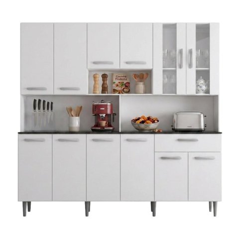 Armário de Cozinha Completa 12 Portas 1 Gaveta Bia MDP 180cm Branco Poliman Móveis