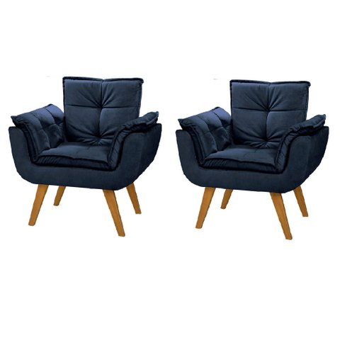 Kit 2 Poltrona Decorativa Gran Opala Suede Azul Marinho para Sala de Estar Luxo Escritório Quarto