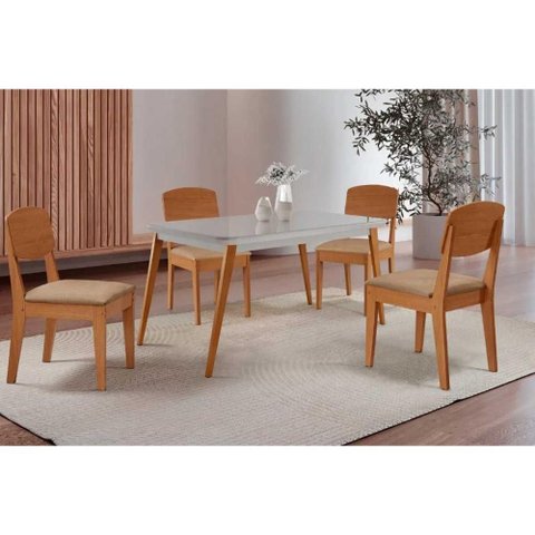 Sala de Jantar Completa Havana C/ Tampo Madeirado C/ Vidro Canto Curvo 120x80cm e 4 Cadeiras Havana