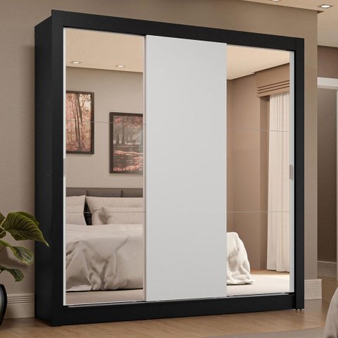 Guarda-roupa Casal 3 Portas de Correr com Espelhos 4 Gavetas Preto/branco Sublime Plus Madesa