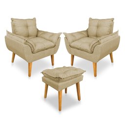 Kit 2 Poltronas Decorativa e Puff Opala Luxo Linho Dourado Dal Poz Estofados - 1