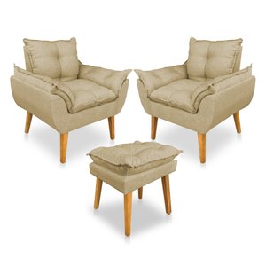 Kit 2 Poltronas Decorativa e Puff Opala Luxo Linho Dourado Dal Poz Estofados