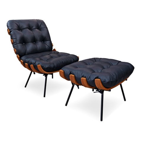 Poltrona Decorativa com Puff Laura Couro Azul - Sallar Home
