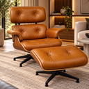 Ver imagem 1 de Poltrona Charles Eames com Puff - Couro Envelhecido Caramelo - Imbuia