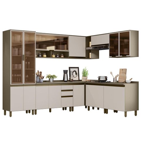 Cozinha Completa de Canto 9 Peças Connect Duna/cristal com Cristaleira e Aéreo Vidro - Móveis