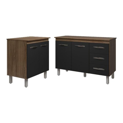 Balcão para Microondas ou Forno e Armário Bruna 118 Cm Cozinha Gabinete Preto com Tampo Tampão