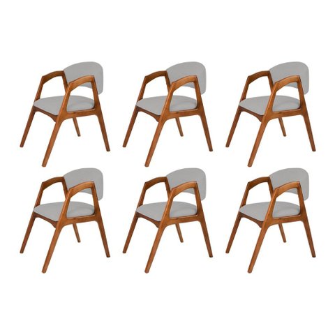 Conjunto com 6 Cadeiras de Jantar Gabriela em Madeira e Mdf Cerejeira Linho Cinza Prata