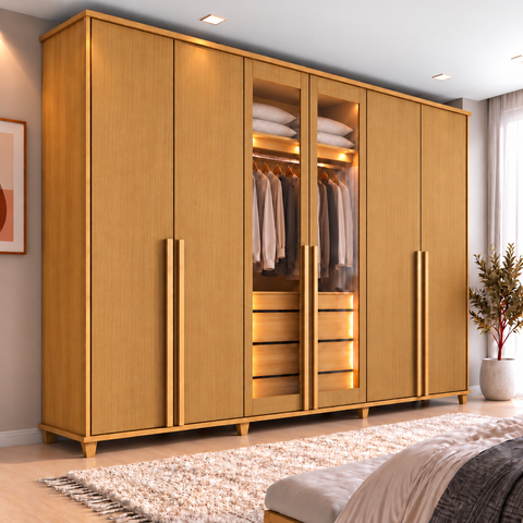 Guarda-Roupa Casal Reflecta 6 Portas 4 Gavetas com LED Cinamomo Bélgica