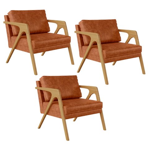 Kit 03 Poltronas Decorativa Para Sala Pietra Estrutura De Madeira L02 Couríssimo Camel - Lyam