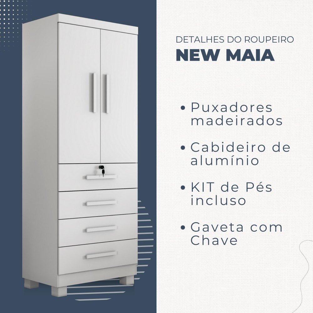 Guarda Roupa New Maia 2 Portas 4 Gavetas com Chave Benetil Móveis - 4