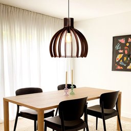 Kit Luminária Lustre Pendente Madeira E27 35x36cm com Lâmpada Retrô Cor:café - 2
