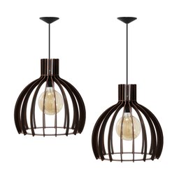Kit Luminária Lustre Pendente Madeira E27 35x36cm com Lâmpada Retrô Cor:café - 5