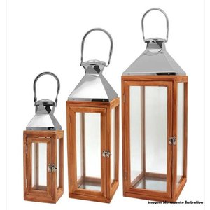 Kit com 3 Lanterna Marroquina de Madeira e Inox Decorativa