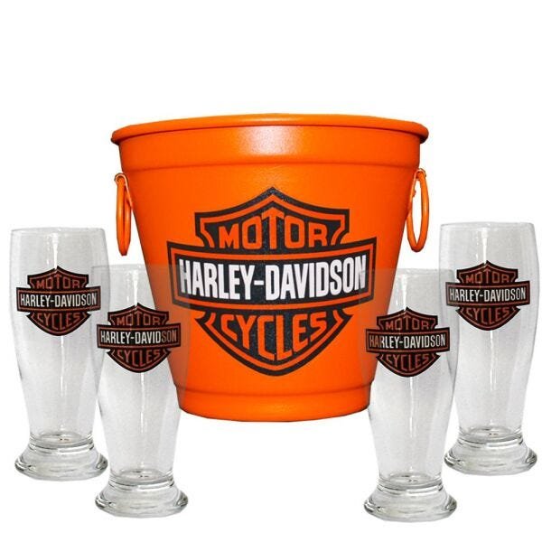 Kit Balde Cerveja + 4 Tulipa Harley Davidson Home Bar MadeiraMadeira
