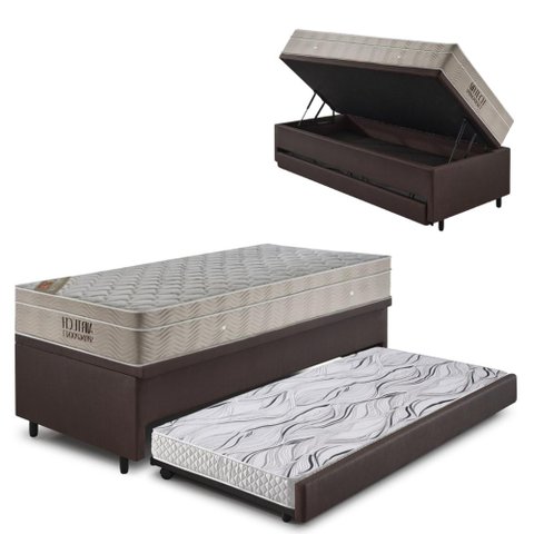 Bicama Box Baú 88x188 Courino Linho Marrom com Colchão Airtech Ortbom