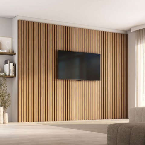Painel Ripado para TV 86 Polegadas Planejado 320x230cm Aruá CabeCasa MadeiraOriginals Marrom/Jatobá