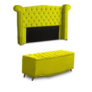 KIT + Cabeceira Com Recamier Baú Dunas Princesa em captonê 1,95 Casal Cama Box Amarelo Suede Dalaqua