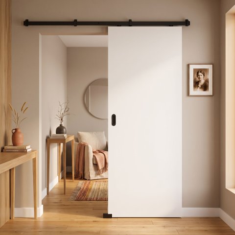 Porta Drywall Branca 90x210 + Kit Correr Preto de Sobrepor
