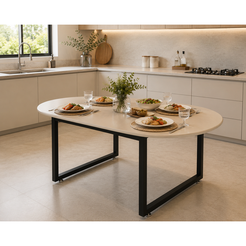 Mesa Oval para Sala de Jantar 6 Lugares Pés de Ferro Estilo Industrial:off White
