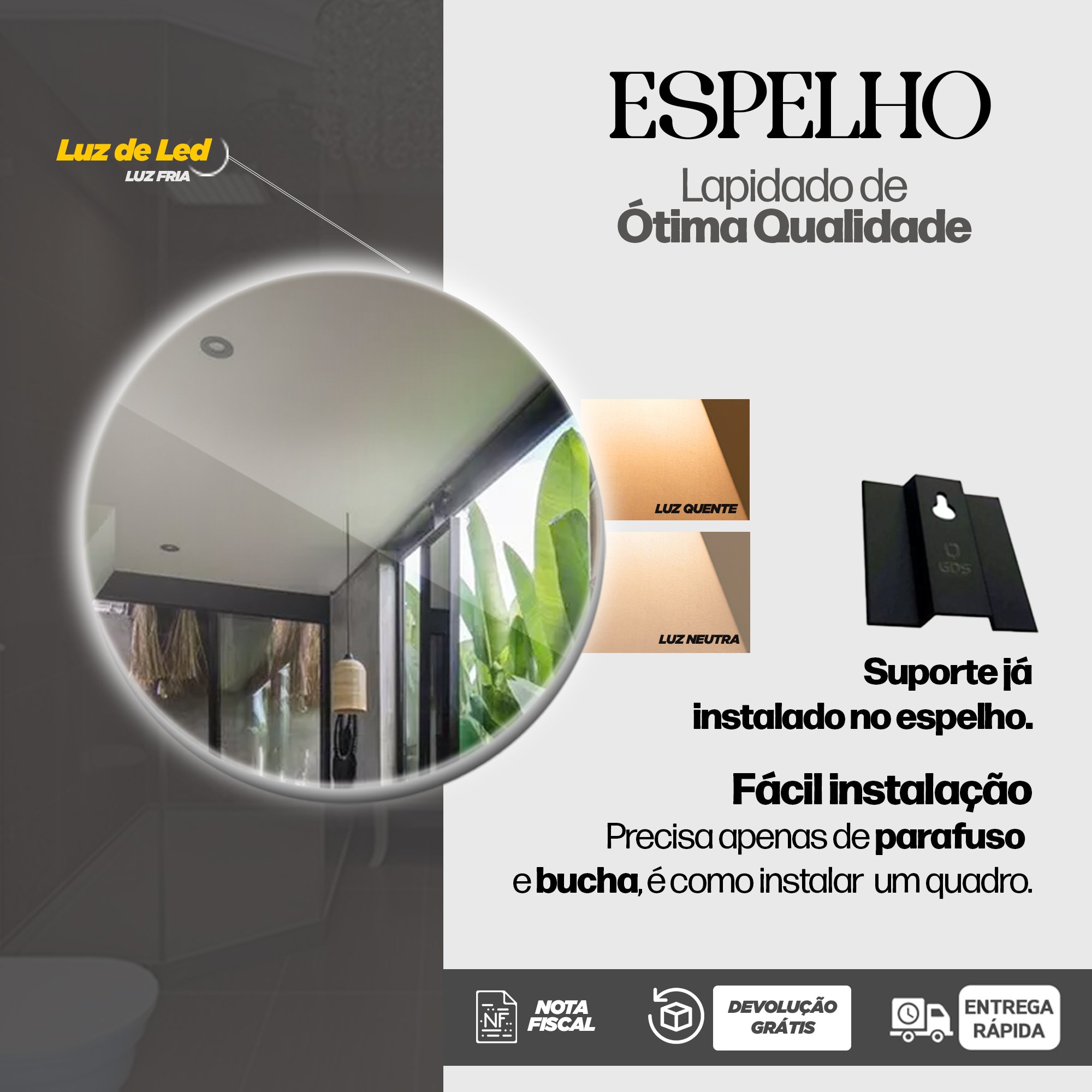 Espelho Redondo com Led 50x50 Cm Lapidado Bateria Led Quente - 2