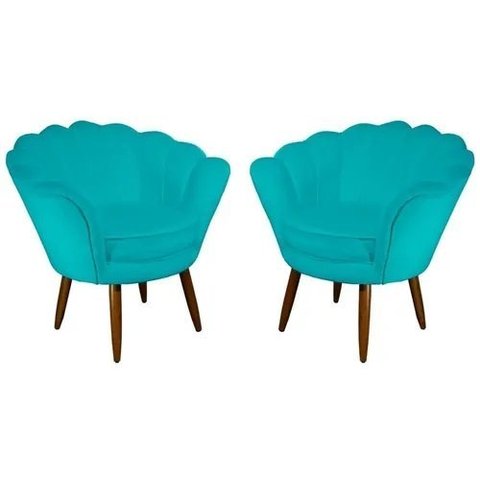 Kit 02 Poltrona Pétala Pés Palito Suede Azul Tiffany - Fina Mobília
