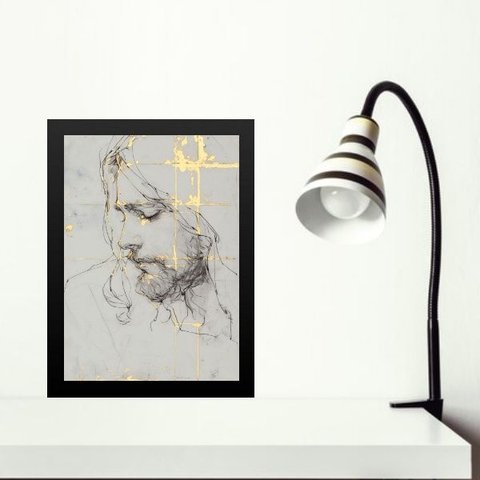 Quadro Minimalista Jesus Abstrato - Mármore 45x34cm - com Vidro:moldura Preta