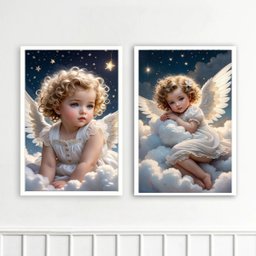 Kit 2 Quadros Criança Anjo 24x18cm - com Vidro:moldura Preta - 2
