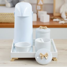 Kit Higiene Porcelana Bebe Maternidade + Térmica 500ml - K012 Laço Dourado - 1