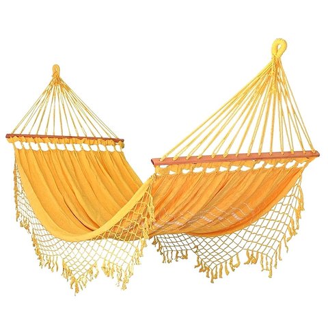 Rede de Dormir e Descanso para Casal Amarela 100% Algodão com Madeira