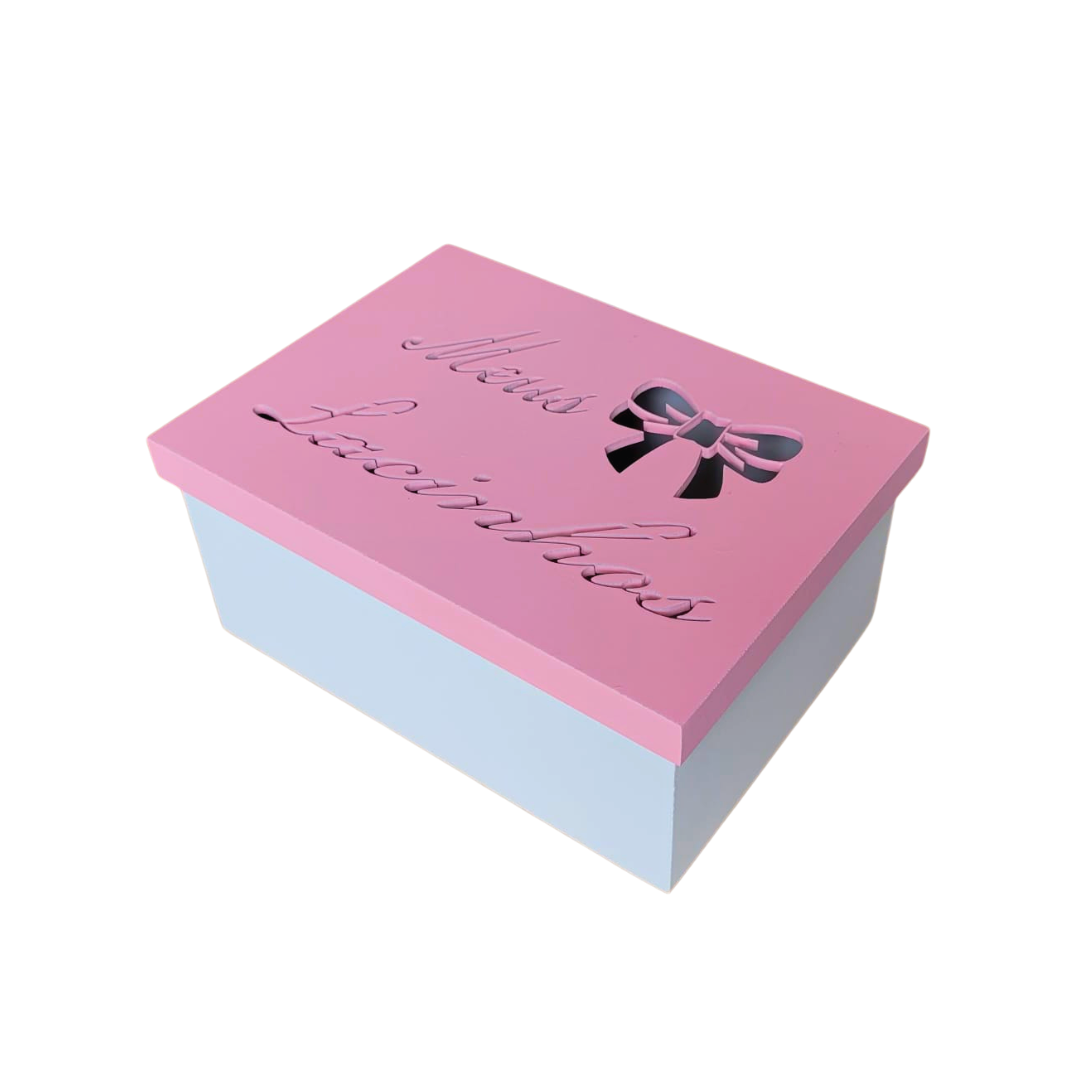 Caixa Personalizada Meus Lacinhos 100% MDF (17x12x08) Rosa/Branco