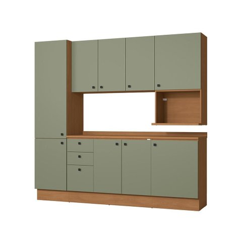 Armário de Cozinha Completa Nicho Micro-ondas 230cm Canela/verde Frevo Pixel Kappesberg