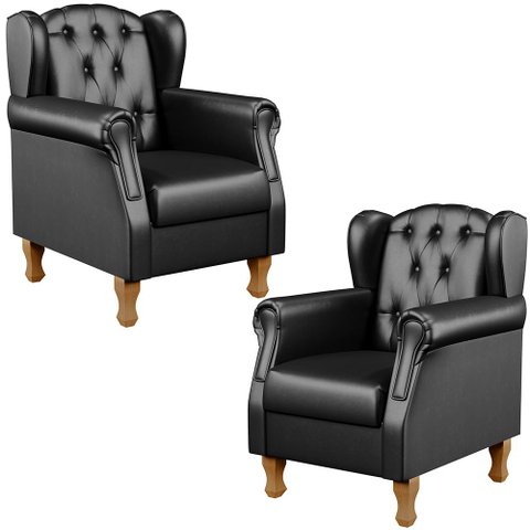 Kit 02 Poltronas Decorativa para Sala de Estar Yara P02 Couríssimo Preto Brilho - Lyam Decor