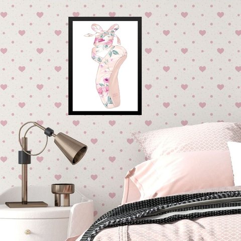 Quadro Infantil Menina Sapatilha de Balé 45x34cm - com Vidro:madeira Branca