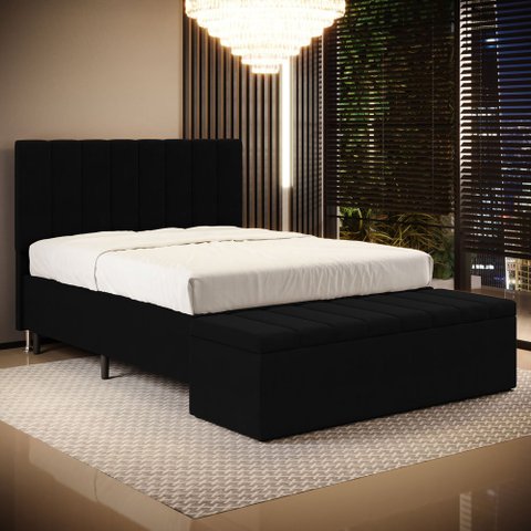 Cabeceira Nashira e Calçadeira Baú Navi 195 para Cama King Z-005 Sued Preto Aradecor