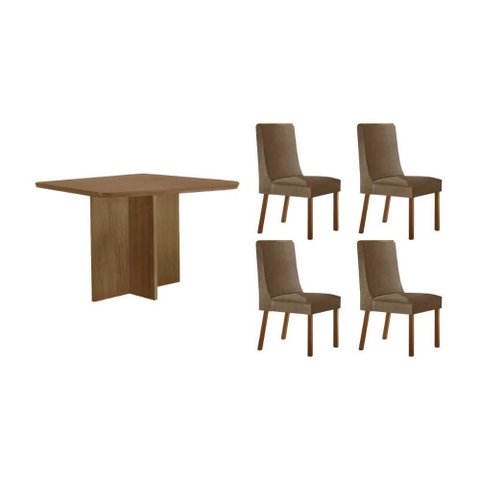 Sala de Jantar Completa Berlim C/ Tampo Madeirado Canto Curvo 90x90cm e 4 Cadeiras Dakota Naturale
