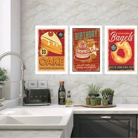 Kit 3 Quadros Cozinha - Doces 45x34cm - com Vidro:moldura Branca