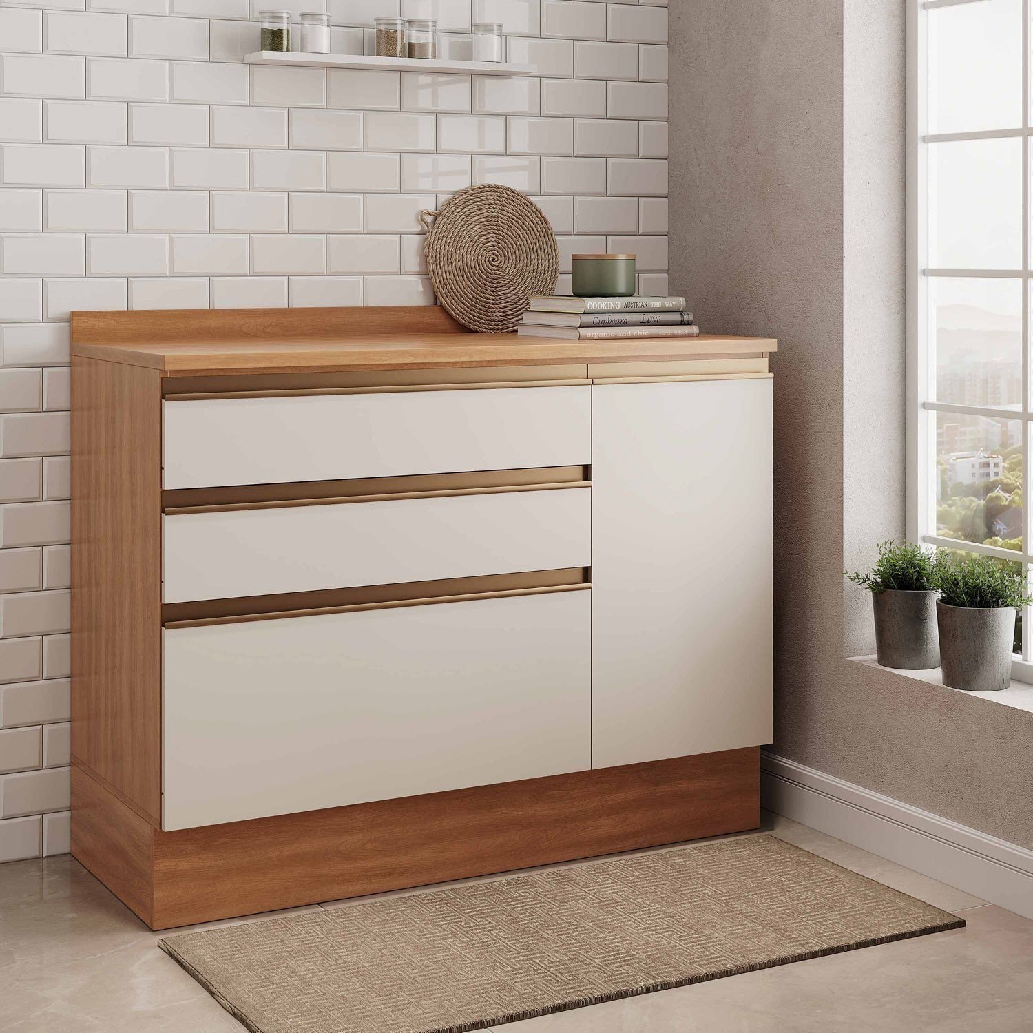 Balcão 1 Porta 3 Gavetões 120cm com Tampo Aroeira Cabecasa Madeiramadeira