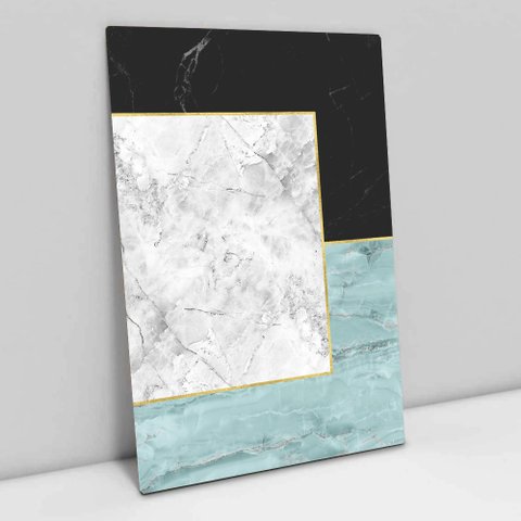 Quadro Decorativo em Canvas Geométrico Quadrado Marmorizado TaColado Moldura Branca 90 x 60cm