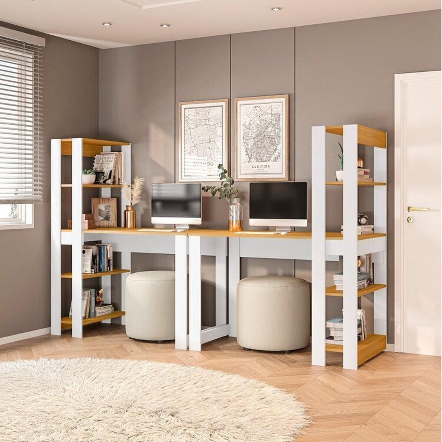 Conjunto com 2 Mesas Escrivaninhas com Estante e 4 Prateleiras 120cm ...