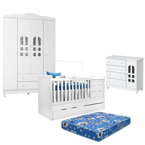 Quarto de Bebê Selena 4 Portas com Berço Americano Multifuncional Cleo Branco com Colchão - Carolina