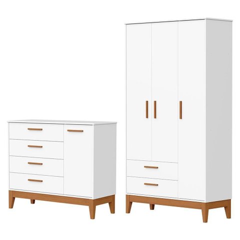 Jogo de Quarto Infantil Flip Guarda Roupa 3 Portas e Cômoda 1 Porta Branco Fosco - Reller Móveis