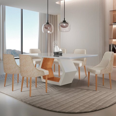 Conjunto para Sala de Jantar Mesa Sarah em Madeira Tampo 180cm com Vidro e 6 Cadeiras Roma Off White
