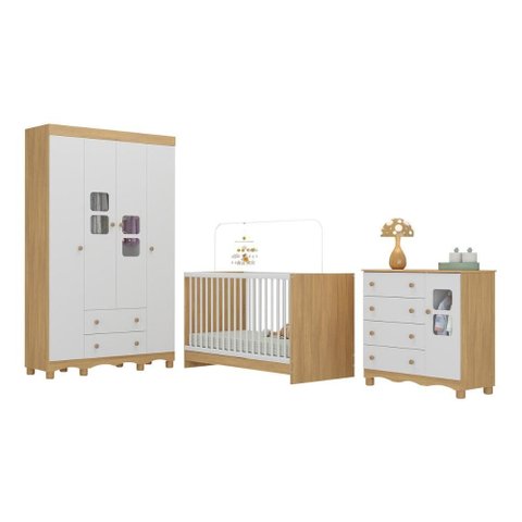 Quarto de Bebê Completo com Berço 3 em 1 para Colchão 130x60cm Luna Multimóveis Mp4520 Madeirado