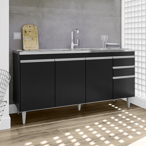 Balcão Lorena com Pia e Cuba Ghelplus 160cm 4 Portas 2 Gavetas Preto Maderatto Móveis